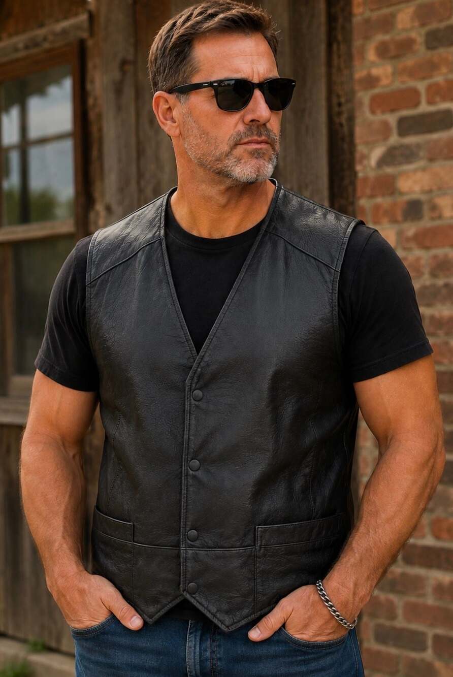 Wilda Genuine Leather Black Snap-Front Biker Vest